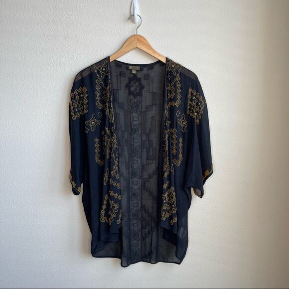 Anthropologie Fei Black Gold Beaded Open Cardigan Duster - Picture 2 of 13